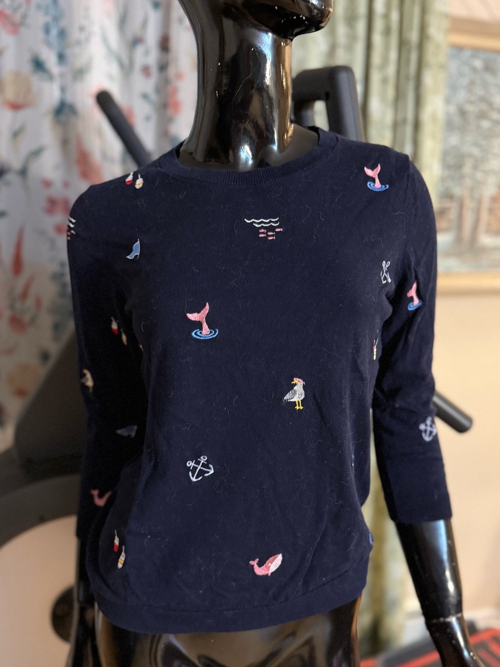 Talbots Navy Nautical Embroidered Crewneck Sweater